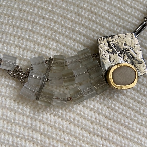 Artisan Pewter/Silver Necklace, with lucite blocks, stone in gold metal, 26” - Picture 3 of 6